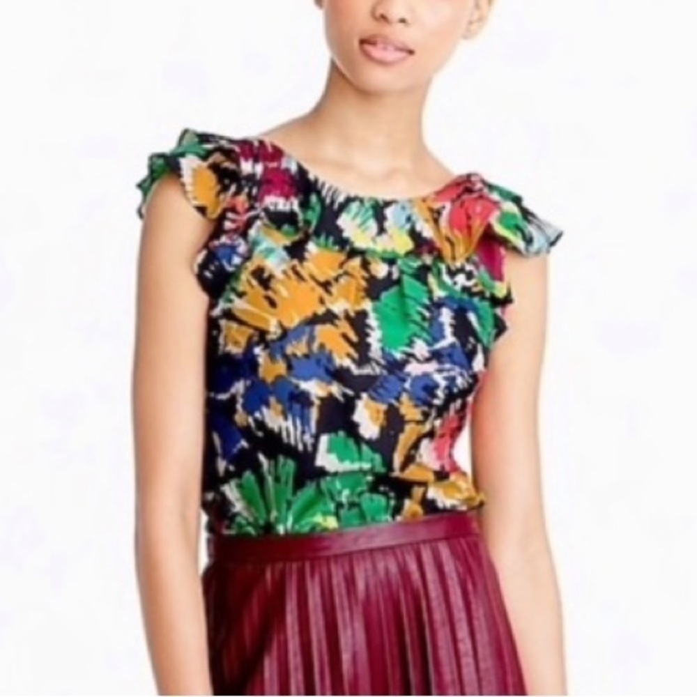 J. Crew Brushstroke Silk Floral Ruffle Top Sz 0